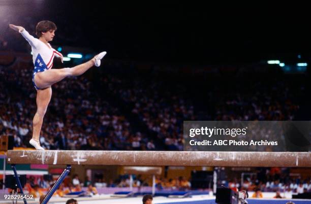 Los Angeles, CA Mary Lou Retton, Women's Gymnastics balance beam competition, Pauley Pavilion, at the 1984 Summer Olympics, August 1, 1984.