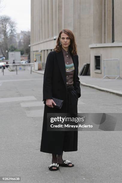 Model Aymeline Valade seen at the Miu Miu fashion show during Paris Fashion Week Womenswear Fall/Winter 2018/2019 on March 6, 2018 in Paris, France.