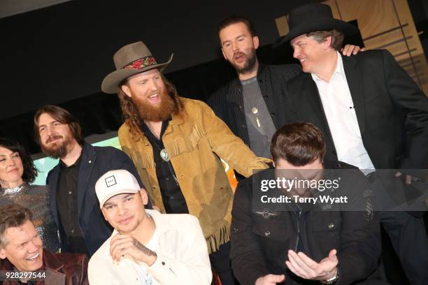 Dave Cobb, John Osborne and T.J. Osborne of musical duo Brothers Osborne and Shawn Camp, Randy Travis, Kane Brown and Chris Young attend Country...