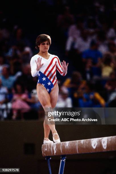 Los Angeles, CA Mary Lou Retton, Women's Gymnastics balance beam competition, Pauley Pavilion, at the 1984 Summer Olympics, August 1, 1984.