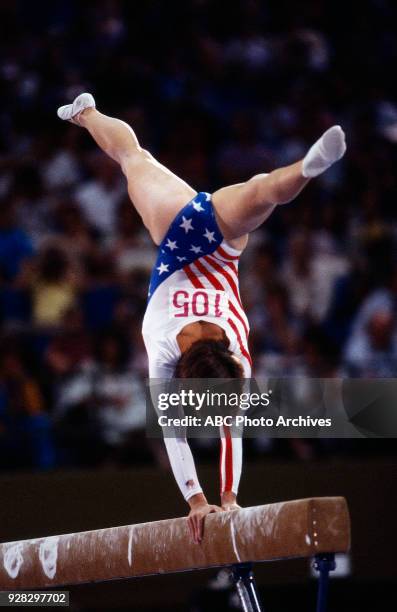 Los Angeles, CA Mary Lou Retton, Women's Gymnastics balance beam competition, Pauley Pavilion, at the 1984 Summer Olympics, August 1, 1984.