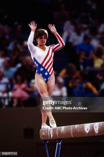 Los Angeles, CA Mary Lou Retton, Women's Gymnastics balance beam competition, Pauley Pavilion, at the 1984 Summer Olympics, August 1, 1984.