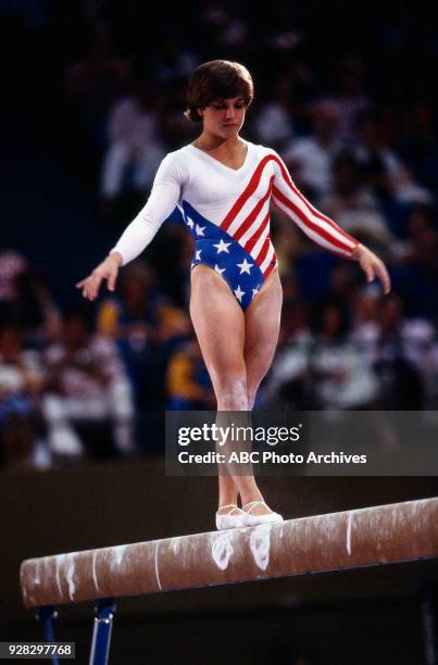 Los Angeles, CA Mary Lou Retton, Women's Gymnastics balance beam competition, Pauley Pavilion, at the 1984 Summer Olympics, August 1, 1984.