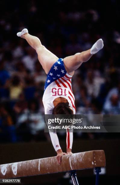 Los Angeles, CA Mary Lou Retton, Women's Gymnastics balance beam competition, Pauley Pavilion, at the 1984 Summer Olympics, August 1, 1984.