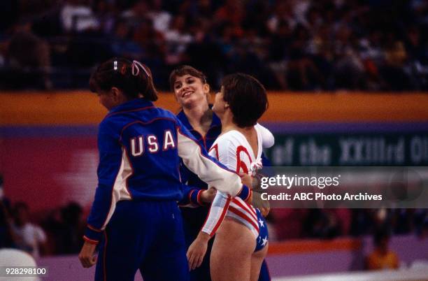 Los Angeles, CA Pamela Bileck, Mary Lou Retton, Women's Gymnastics competition, Pauley Pavilion, at the 1984 Summer Olympics, August 1, 1984.