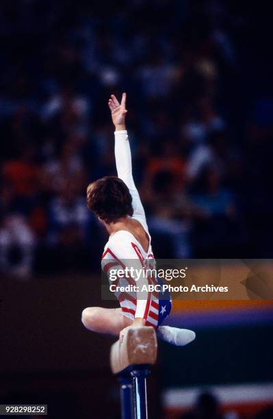 Los Angeles, CA Mary Lou Retton, Women's Gymnastics balance beam competition, Pauley Pavilion, at the 1984 Summer Olympics, August 1, 1984.