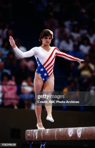 Los Angeles, CA Mary Lou Retton, Women's Gymnastics balance beam competition, Pauley Pavilion, at the 1984 Summer Olympics, August 1, 1984.