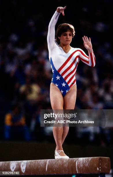 Los Angeles, CA Mary Lou Retton, Women's Gymnastics balance beam competition, Pauley Pavilion, at the 1984 Summer Olympics, August 1, 1984.