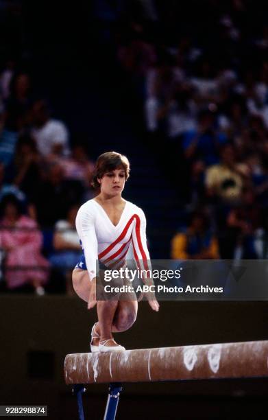 Los Angeles, CA Mary Lou Retton, Women's Gymnastics balance beam competition, Pauley Pavilion, at the 1984 Summer Olympics, August 1, 1984.