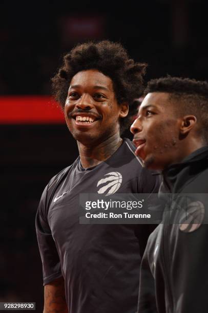 Lucas Nogueira and Delon Wright of the Toronto Raptors are seen before the game against the Atlanta Hawks on March 6, 2018 at the Air Canada Centre...