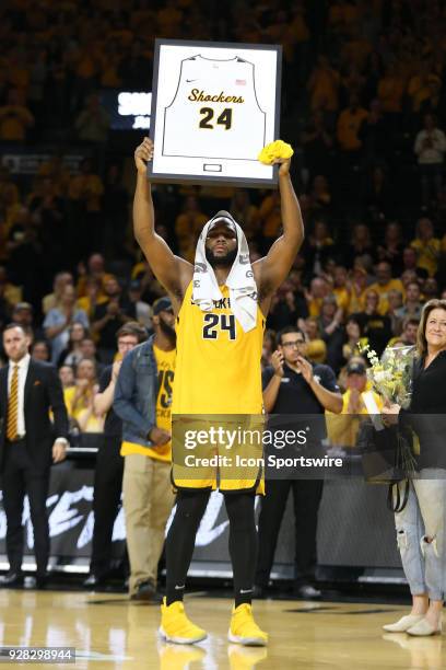 Wichita State Shockers center Shaquille Morris is honored on senior day after an American Athletic Conference matchup between the 10th ranked...
