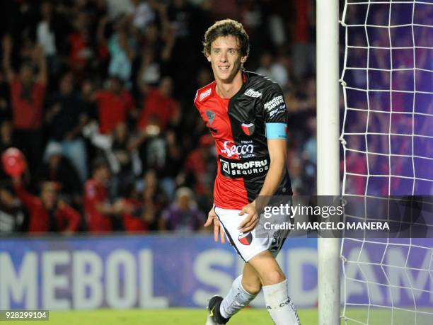 German Conti of Argentina's Colon celebrates after scoring against Venezuela's Zamora during their Copa Sudamericana football match at the Brigadier...