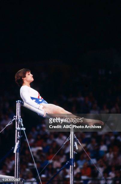 Los Angeles, CA Mary Lou Retton, Women's Gymnastics uneven bars competition, Pauley Pavilion, at the 1984 Summer Olympics, August 1, 1984.