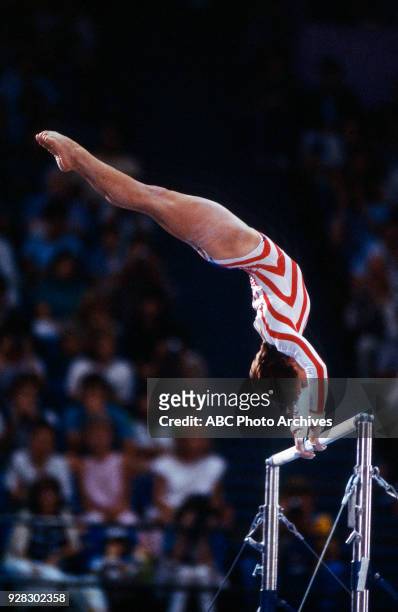 Los Angeles, CA Mary Lou Retton, Women's Gymnastics uneven bars competition, Pauley Pavilion, at the 1984 Summer Olympics, August 1, 1984.