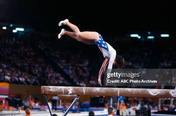 Los Angeles, CA Mary Lou Retton, Women's Gymnastics balance beam competition, Pauley Pavilion, at the 1984 Summer Olympics, August 1, 1984.