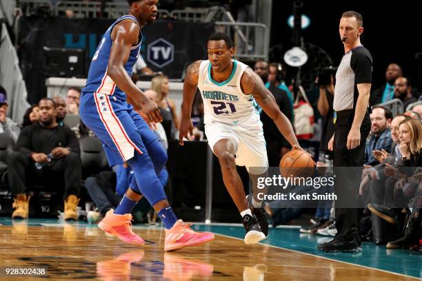 Treveon Graham of the Charlotte Hornets handles the ball during the game against the Philadelphia 76ers on March 6, 2018 at Spectrum Center in...