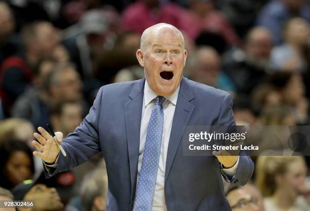 Head coach Steve Clifford of the Charlotte Hornets reacts during their game against the Philadelphia 76ers at Spectrum Center on March 6, 2018 in...