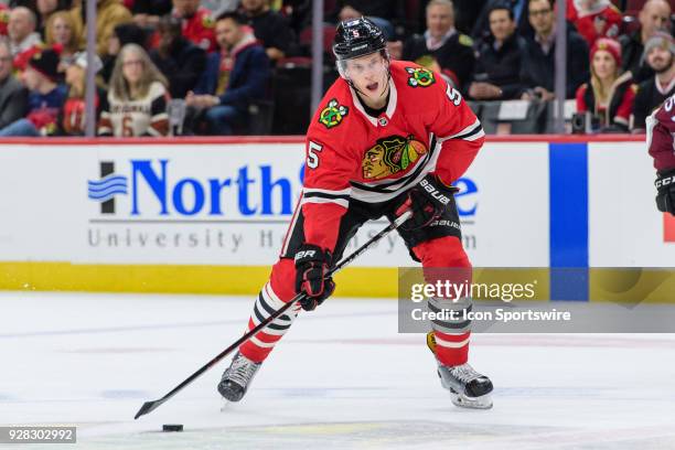 Chicago Blackhawks defenseman Connor Murphy looks to pass in the 1st period during an NHL hockey game between the Colorado Avalanche and the Chicago...