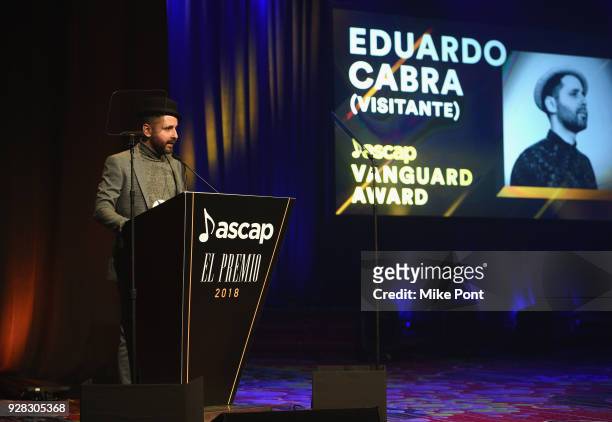 Recording artist Eduardo Cabra speaks on stage during the ASCAP 2018 Latin Awards at Marriott Marquis Hotel on March 6, 2018 in New York City.