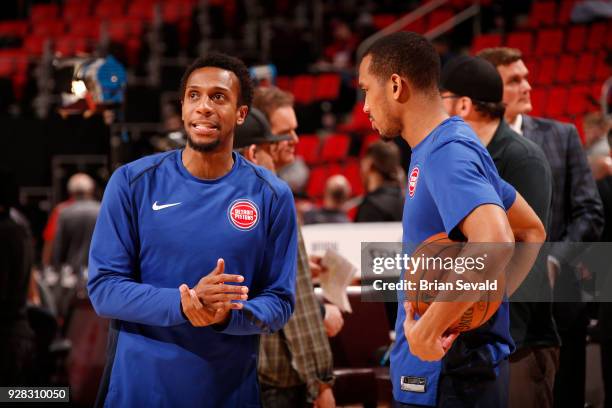 Ish Smith of the Detroit Pistons and Avery Bradley of the Detroit Pistons speak before the game against the Utah Jazz on January 24, 2018 at Little...