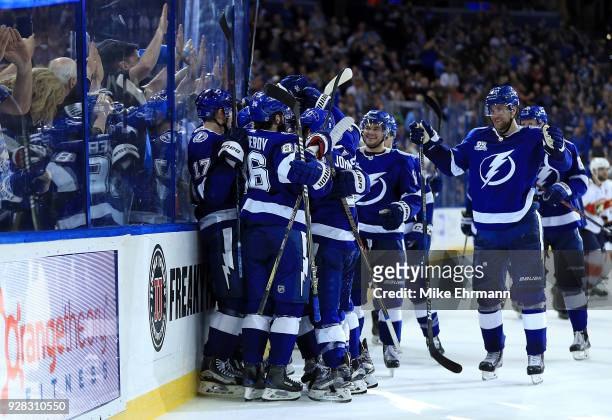 Brayden Point of the Tampa Bay Lightning is congratulated after scoring the game winning goal in overtime during a game against the Florida Panthers...