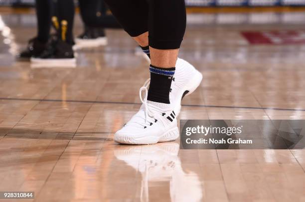 The sneakers of Jeremy Lin of the Brooklyn Nets are seen before the game against the Golden State Warriors on March 8, 2018 at ORACLE Arena in...