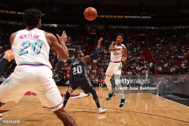 Rodney McGruder of the Miami Heat passes the ball during the game against the Detroit Pistons on March 3, 2018 at American Airlines Arena in Miami,...