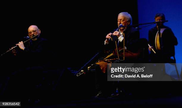 Matt Molloy, Paddy Moloney and Kevin Conneff of The Chieftains perform at Sandler Center For The Performing Arts on March 6, 2018 in Virginia Beach,...
