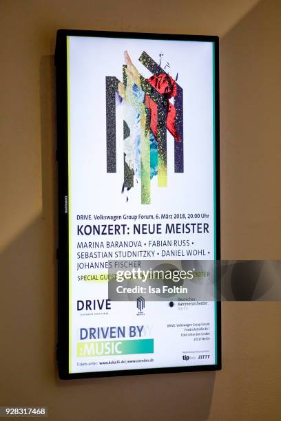 The official poster of the 7th edition of the Berlin concert series 'Neue Meister' at DRIVE. Volkswagen Group Forum on March 6, 2018 in Berlin,...