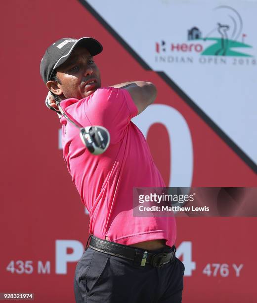Chawrasia of India tees off on the 10th hole during a practice round ahead of the Hero Indian Open at Dlf Golf and Country Club on March 7, 2018 in...