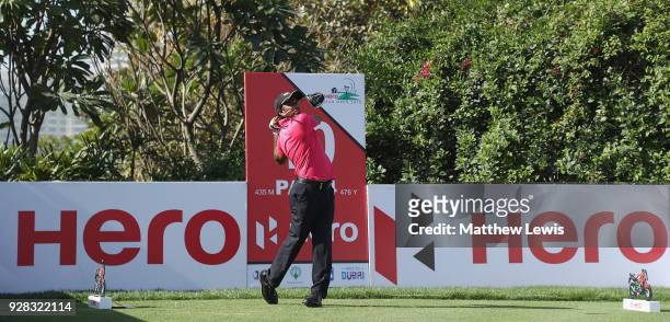 Chawrasia of India tees off on the 10th hole during a practice round ahead of the Hero Indian Open at Dlf Golf and Country Club on March 7, 2018 in...