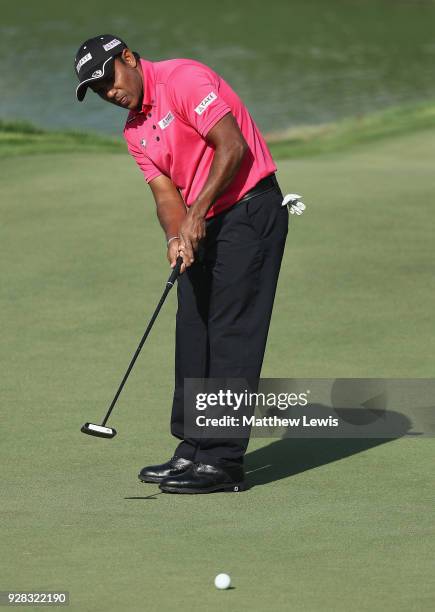 Chawrasia of India makes a putt on the 9th green during a practice round ahead of the Hero Indian Open at Dlf Golf and Country Club on March 7, 2018...