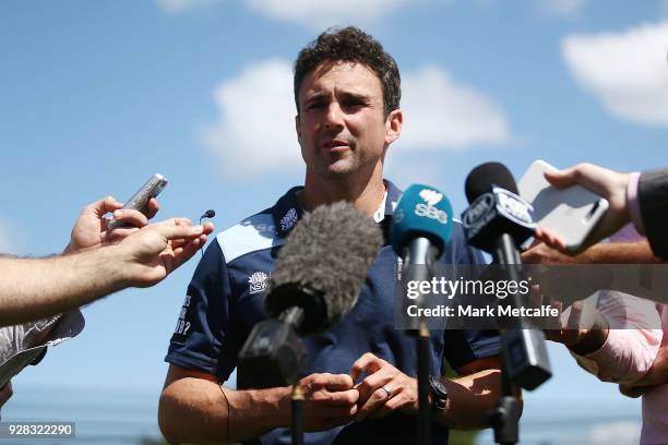 Ed Cowan speaks to the media during a press conference announcing his retirement at Sydney Cricket Ground on March 7, 2018 in Sydney, Australia.