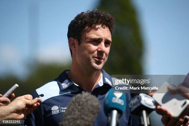 Ed Cowan speaks to the media during a press conference announcing his retirement at Sydney Cricket Ground on March 7, 2018 in Sydney, Australia.