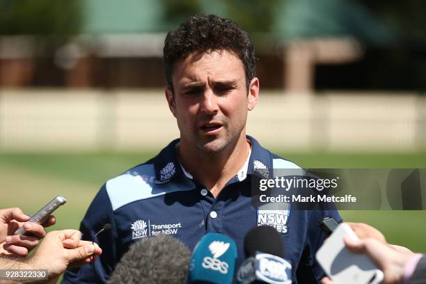 Ed Cowan speaks to the media during a press conference announcing his retirement at Sydney Cricket Ground on March 7, 2018 in Sydney, Australia.