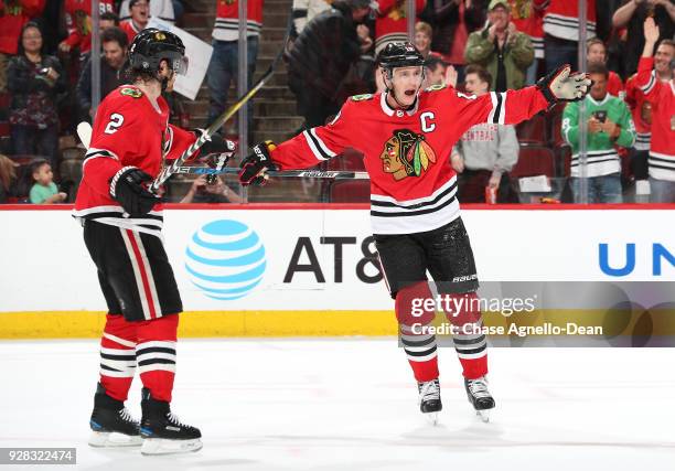 Jonathan Toews of the Chicago Blackhawks reacts after scoring the game-winning goal in overtime against the Colorado Avalanche at the United Center...