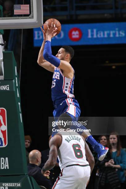 Milwaukee, WI - MARCH 4 Ben Simmons of the Philadelphia 76ers dunks the ball during the game against the Milwaukee Bucks on March 4, 2018 at the BMO...