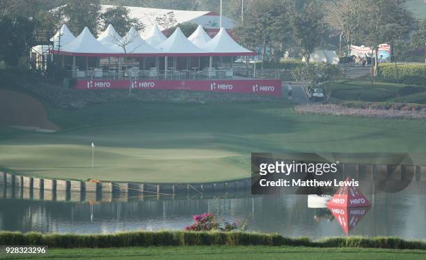 General view of the 18th hole during a practice round ahead of the Hero Indian Open at Dlf Golf and Country Club on March 7, 2018 in New Delhi, India.
