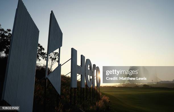 General view of branding on the 18th hole during a practice round ahead of the Hero Indian Open at Dlf Golf and Country Club on March 7, 2018 in New...