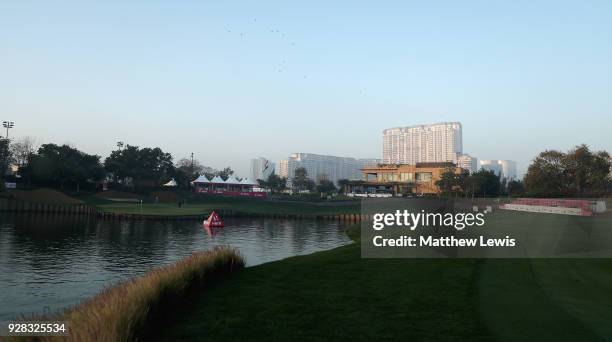 General view of the 18th hole during a practice round ahead of the Hero Indian Open at Dlf Golf and Country Club on March 7, 2018 in New Delhi, India.