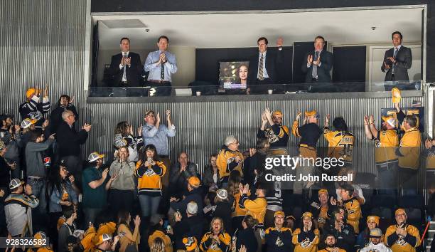 Nashville Predators GM David Poile is recognized for his record breaking 1,320 wins as an NHL GM during an NHL game against the Dallas Stars at...