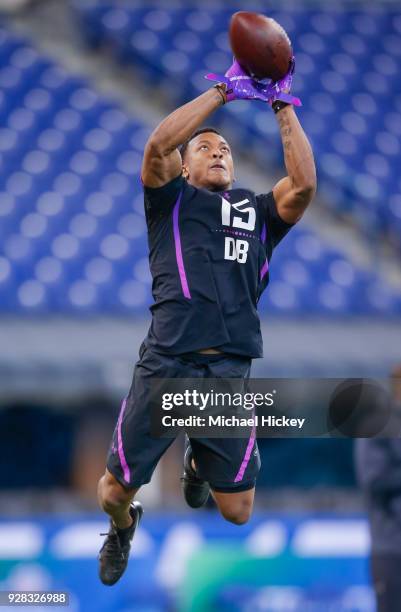 Central Florida defensive back Mike Hughes participates in a drill during the NFL Scouting Combine at Lucas Oil Stadium on March 5, 2018 in...