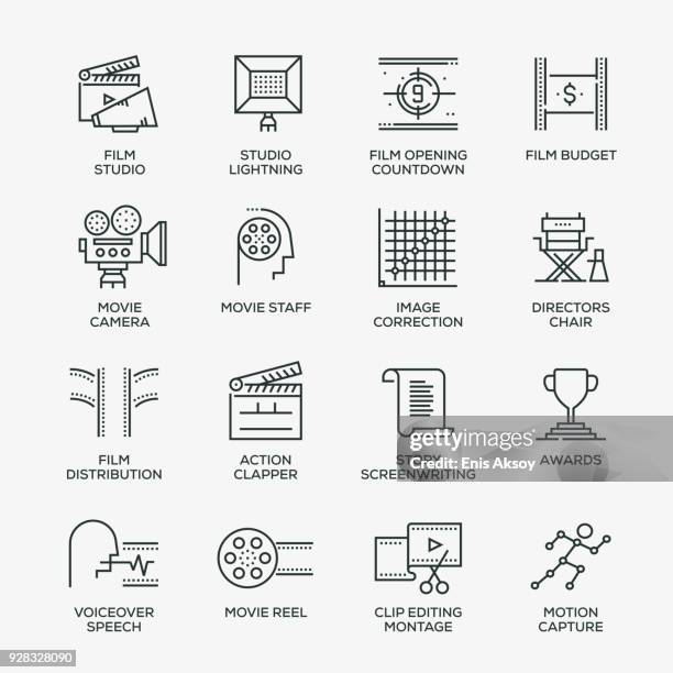 stockillustraties, clipart, cartoons en iconen met videoproductie icon set - line serie - dubbing