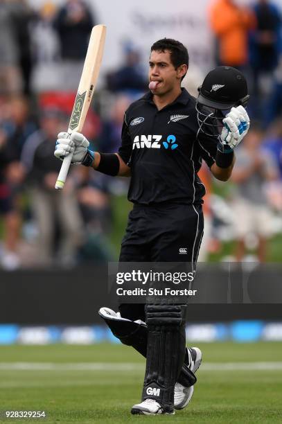 New Zealand batsman Ross Taylor celebrates his century during the 4th ODI between New Zealand and England at University of Otago Oval on March 7,...
