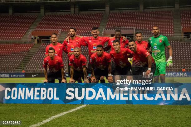 Venezuela's Caracas FC football team players pose before their Copa Sudamericana 2018 football match held against Chile's Everton at the...