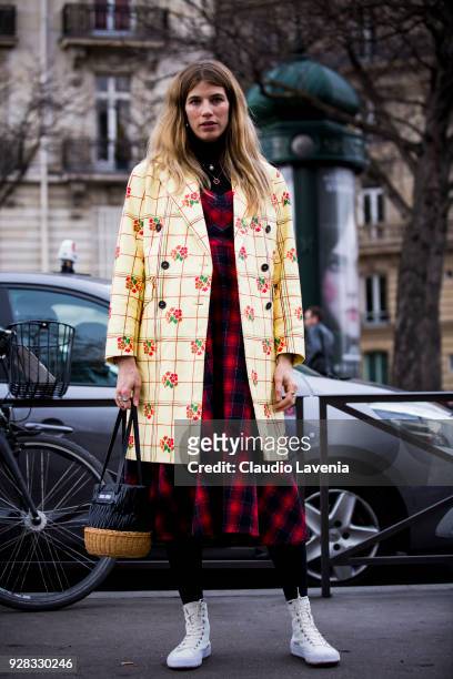 Veronika Heilbrunner, is seen in the streets of Paris before the Miu Miu show during Paris Fashion Week Womenswear Fall/Winter 2018/2019 on March 6,...