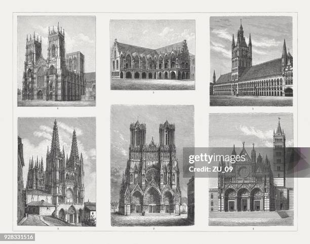 gothic arcitecture (13th and 14th century), wood engravings, published 1897 - poland landscape stock illustrations