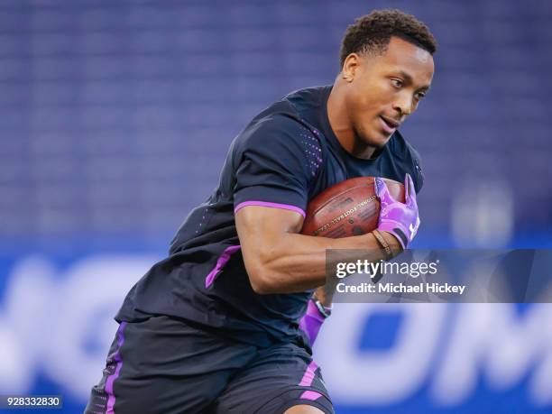 Central Florida defensive back Mike Hughes participates in a drill during the NFL Scouting Combine at Lucas Oil Stadium on March 5, 2018 in...