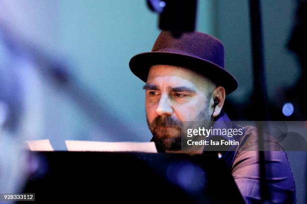 German trumpeter and pianist Sebastian Studnitzky performs during the 7th edition of the Berlin concert series 'Neue Meister' at DRIVE. Volkswagen...