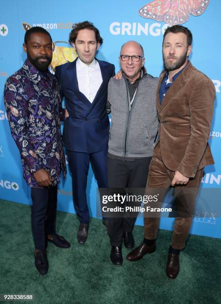 Actor David Oyelowo, director Nash Edgerton, Amazon Studios Bob Berney, and actor Joel Edgerton attend the world premiere of 'Gringo' from Amazon...